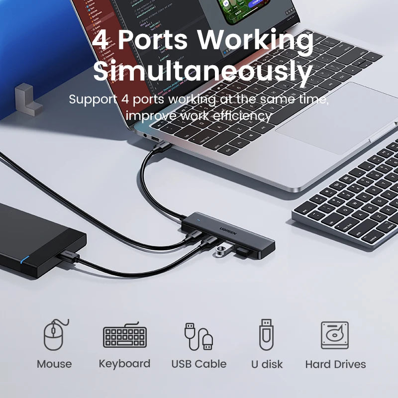 USB3.0 HUB 4 Ports USB-A Splitter Slim USB Expander Mouse Keyboard Flash Drive