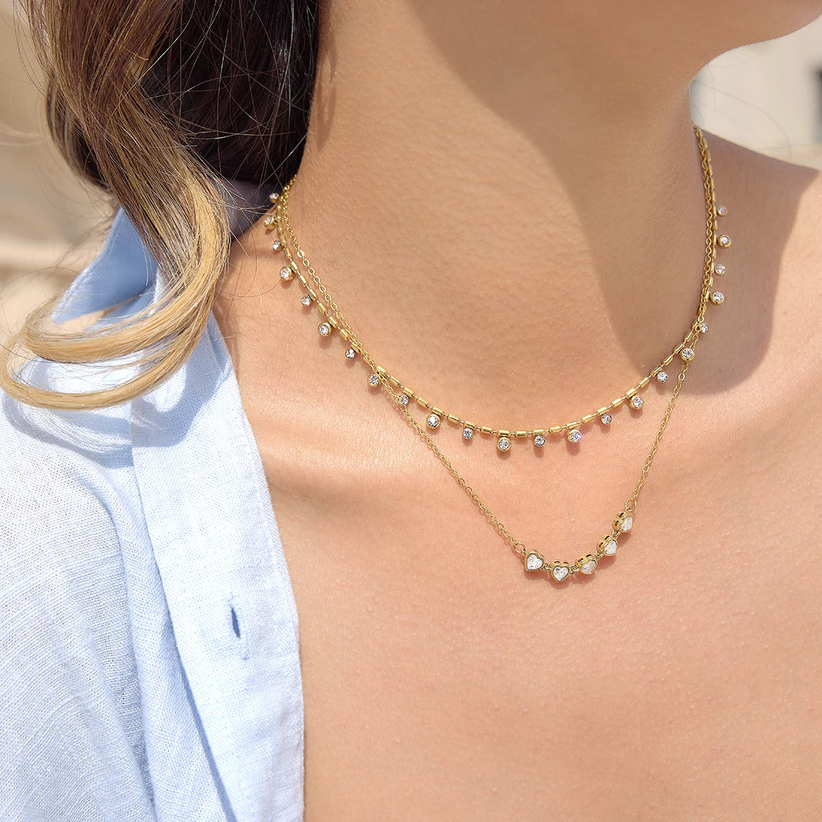 Uworld Delicate Round Rhinestones Bead Chain Necklace For Women 18K PVD Gold Plated Stainless Steel Layered Necklaces Party Gift