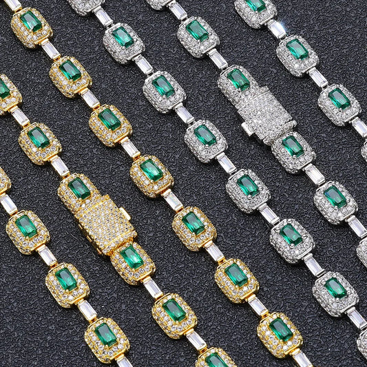 Luxury Jewelry Set 7mm Gemstone Link Necklace, 18k Gold Plated CZ Diamond Chain
