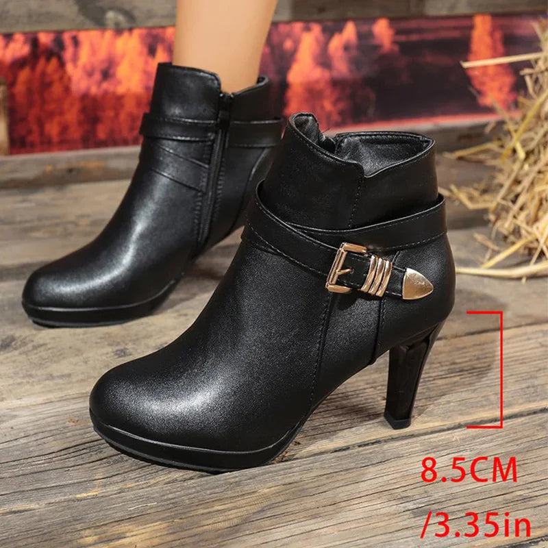 Fashion Pointed Toe Ankle Boots Women Autumn Winter Black Super High Heel Boots for Woman Buckle Detor Zipper Up Booties Ladies