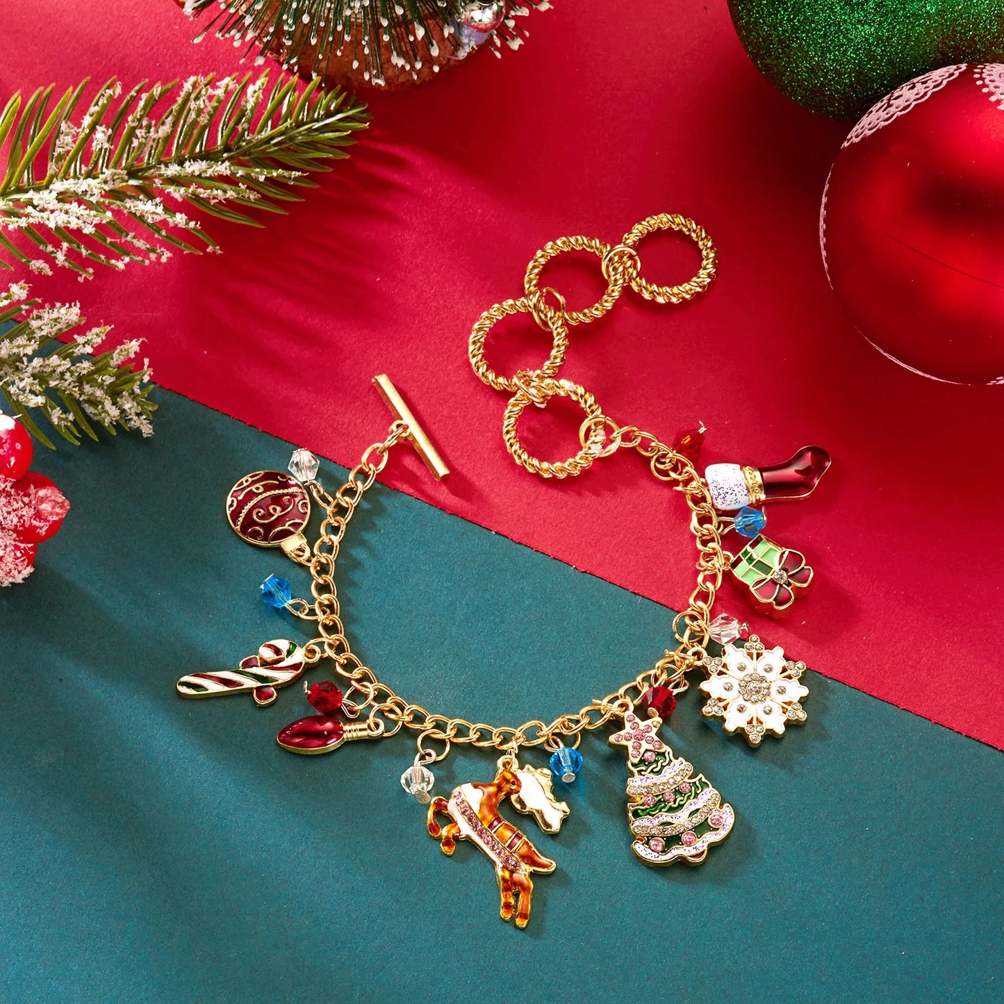 Trendy Christmas Tree Bell Snowflake Pendant Necklaces for Women Cartoon Elk Snowman Charm Bracelets Festival Party Jewelry Sets