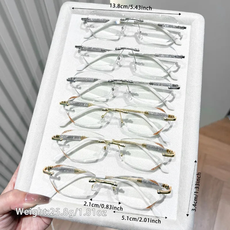 5 Pairs of Combination Set Frameless Reading Glasses with Rhinestone Decoration and Elegant Edge Cutting  Optional 1.0-4.0