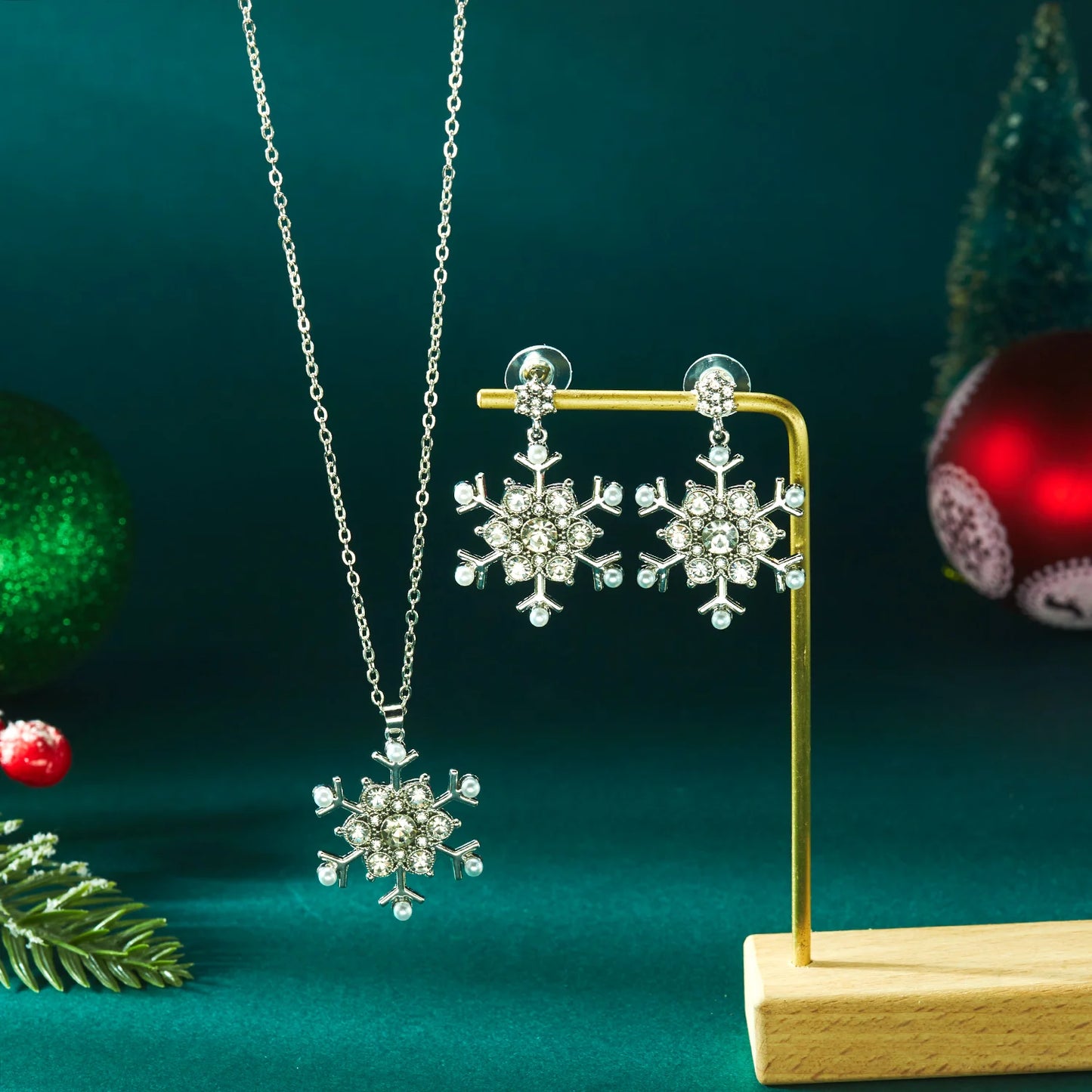Christmas Colorful Rhinestone Imitation Pearl Snowflake Necklace Earrings Set For Women 2026 Xmas Jewelry Set Holiday Party Gift