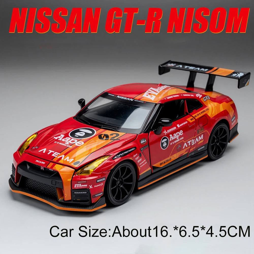 1:32 NISSAN GTR NISOM Car Toys Diecast Alloy Model Sound Light Pull Back Doors Opened Miniature Vehcies Children's Birthday Gift