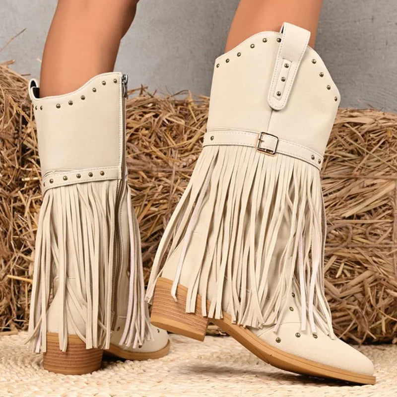 Street Style Rivet Tassel Boots Women 2025 New Beige Plus Size 36-43 Mid-Calf Boots for Woman Pointed Toe Zipper Up Botas Female