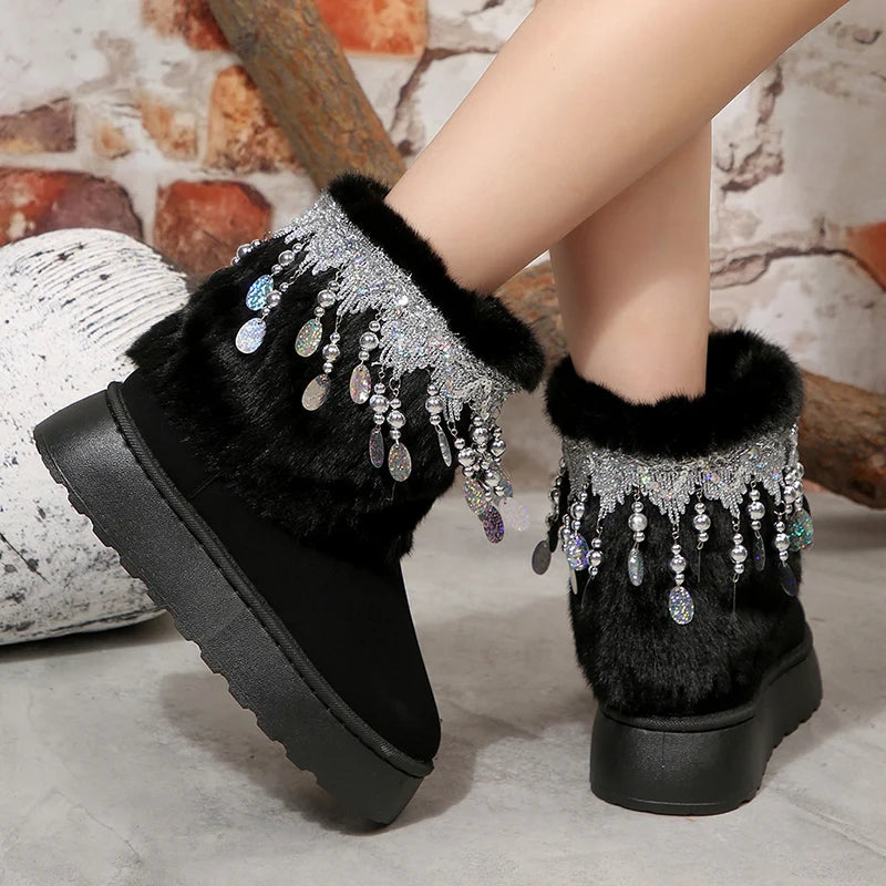 National Wind Sequins Fur Snow Boots Women Thick Sole Long Plush Winter Boots Woman Non Slip Cotton Padded Shoes Plus Size 43