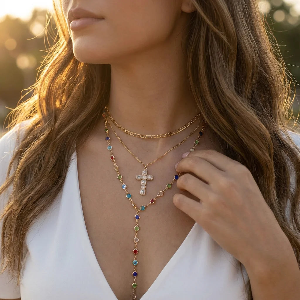 Boho Layered Gold Color Chain Necklace for Women Colorful Crystal Cross Pendant Choker Aesthetics Y2K Trend Jewelry Party Gift