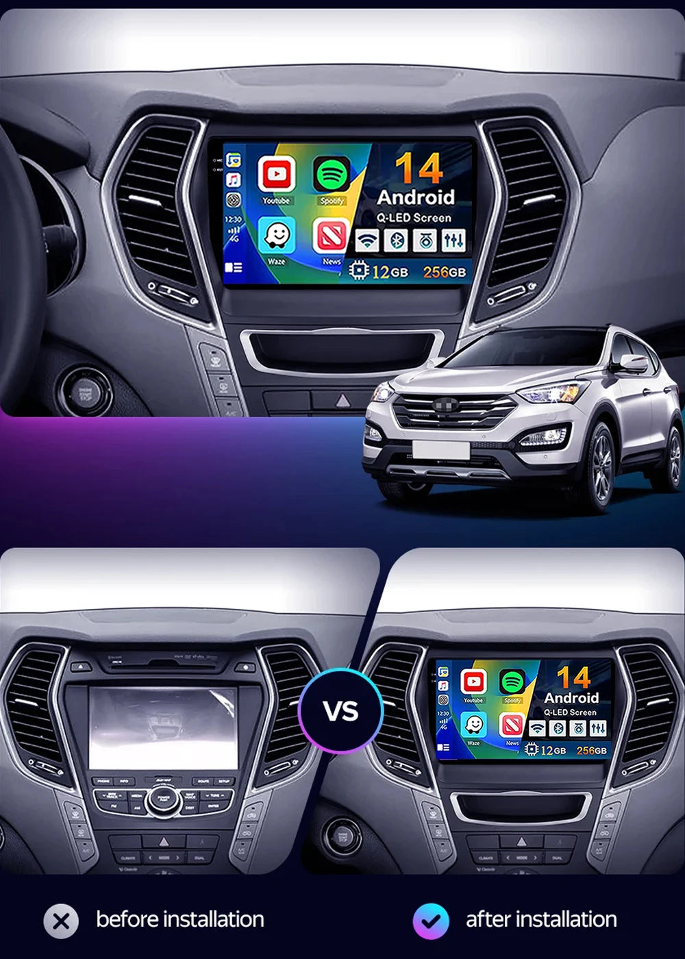 For Hyundai Santa Fe 3 2013 - 2016 Android 15 2K QLED Car Radio Multimedia Video Player GPS stereo CarPlay Head Unit 4G WIFI