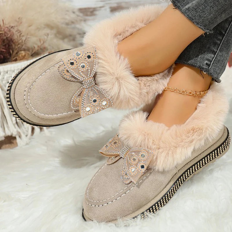 Bowknot Crystal Detor Snow Boot Women Winter Slip On Furry Snow Boots for Woman Round Toe Short Plush Warm Booties Laides