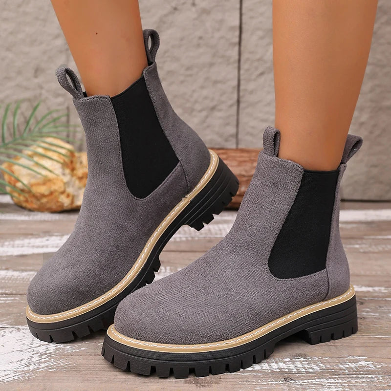 Classic Black Platform Ankle Boots Women Autumn Winter Faux Suede Chelsea Boots Woman Plus Size Slip On Short Booties Mujer 43