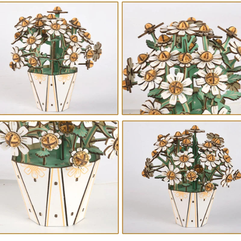 3D White Crystal Chrysanthemum Lily Wood DIY Handmade Puzzle Puzzle Puzzle Puzzle Toy Flower Models Easy to Teach