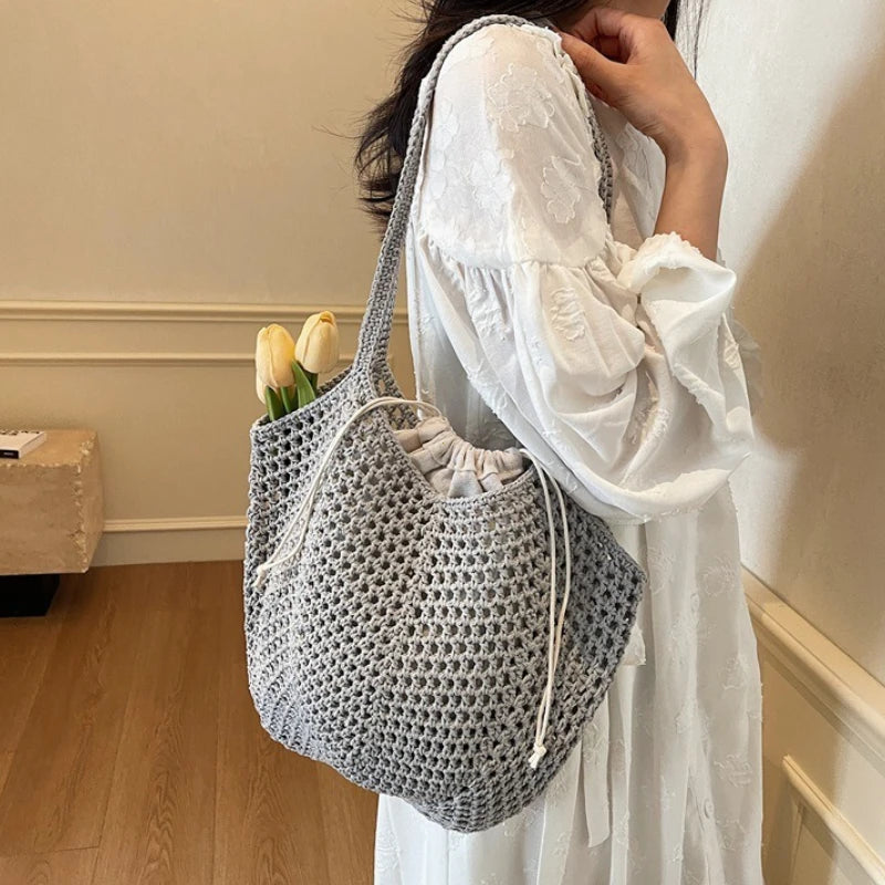 2026 Latest Summer Beach Straw Woven Tote Bag For Women 2-IN-1 Hollow-out Lightweight Large Capacity Shopper Shoulder Bag Female