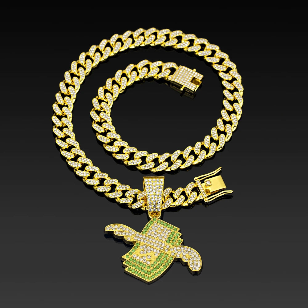 Mens Hip Hop Wings Cash Pendant Money Dollar Symbol Necklace with 20 Inch Miami Cuban Chain Necklace for Men Rapper Jewelry Gift