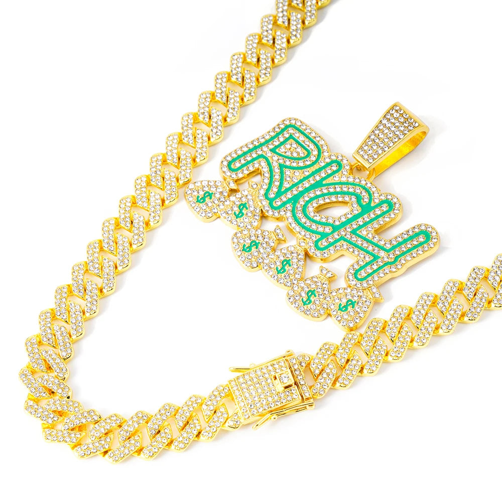 Hip Hop Men Become Rich Money Bag Letter Pendant Necklace With 14mm Miam Iced Out Trendy Dollar Cuban Link Chain Necklaces Gift