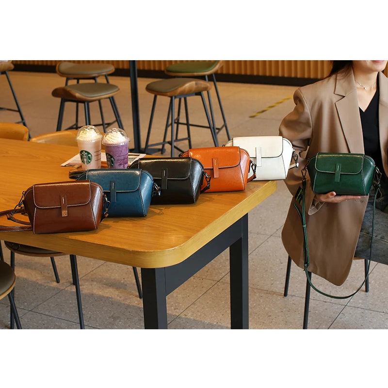 2025 New Female Oil Wax Cowhide Genuine Leather Crossbody Bag Fashionable Versatile Shoulder Shell Handbag Lady Casual Phone Bag