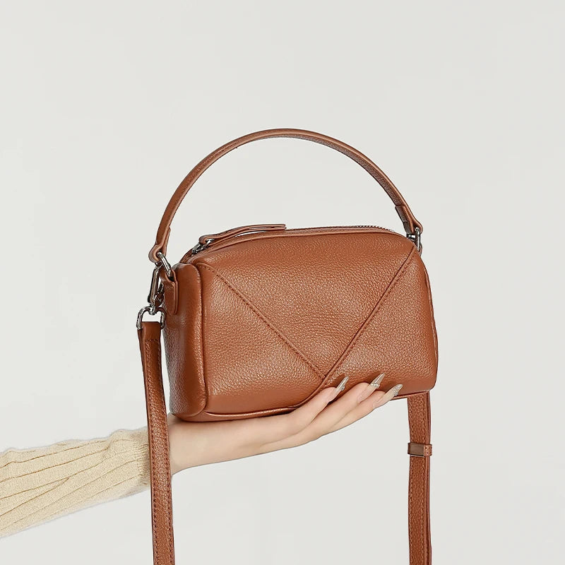 Genuine Cowhide Leather Mini Crossbody Bag for Women Pebbled Leather Top Handle Crossbody Bag with Geometric Stitching
