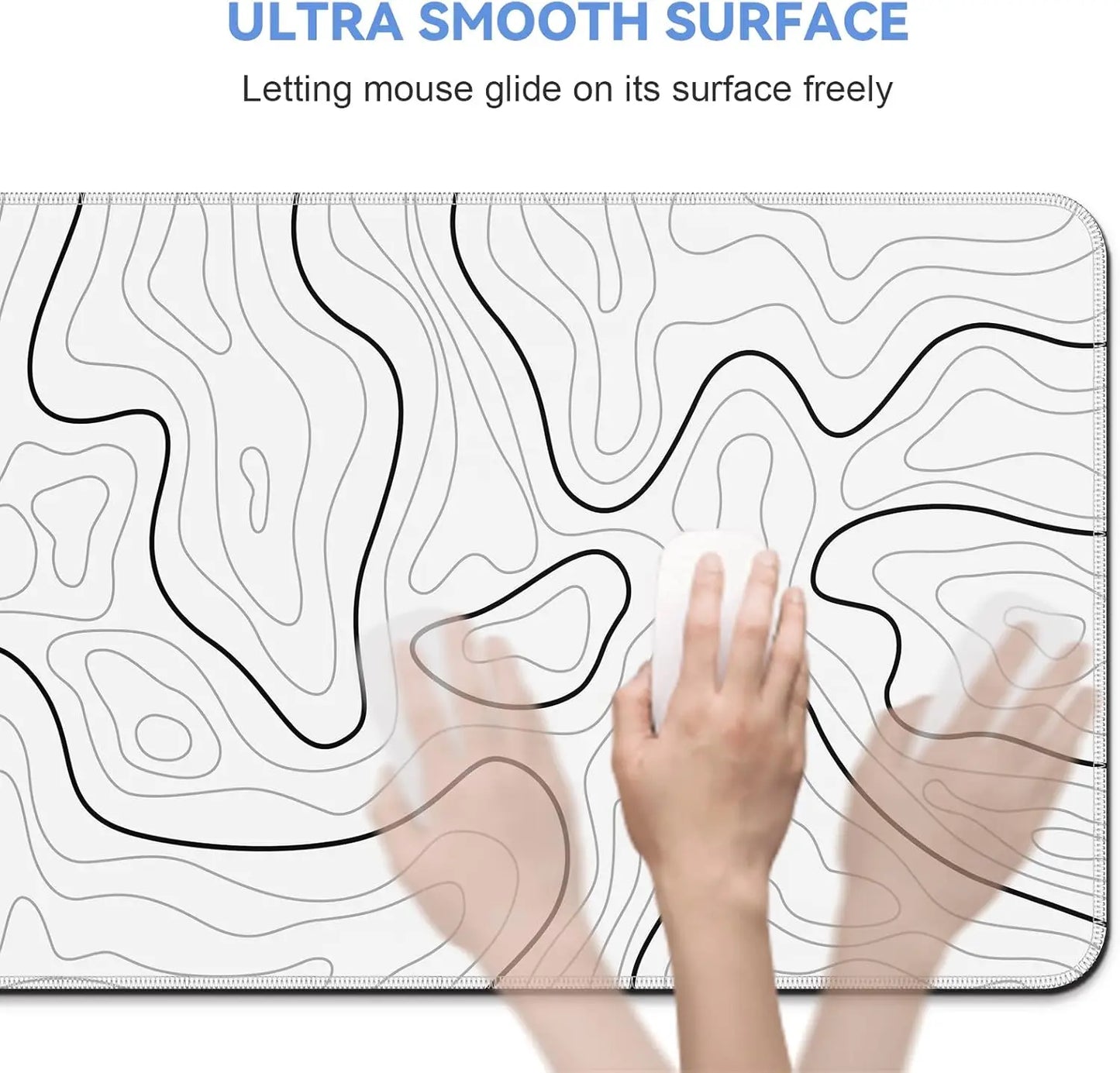 Abstract Topographic Map White Black Gaming Mouse Pad Large Desk Mat with Non-Slip Base Stitched Edge Keyboard Mat for Gaming
