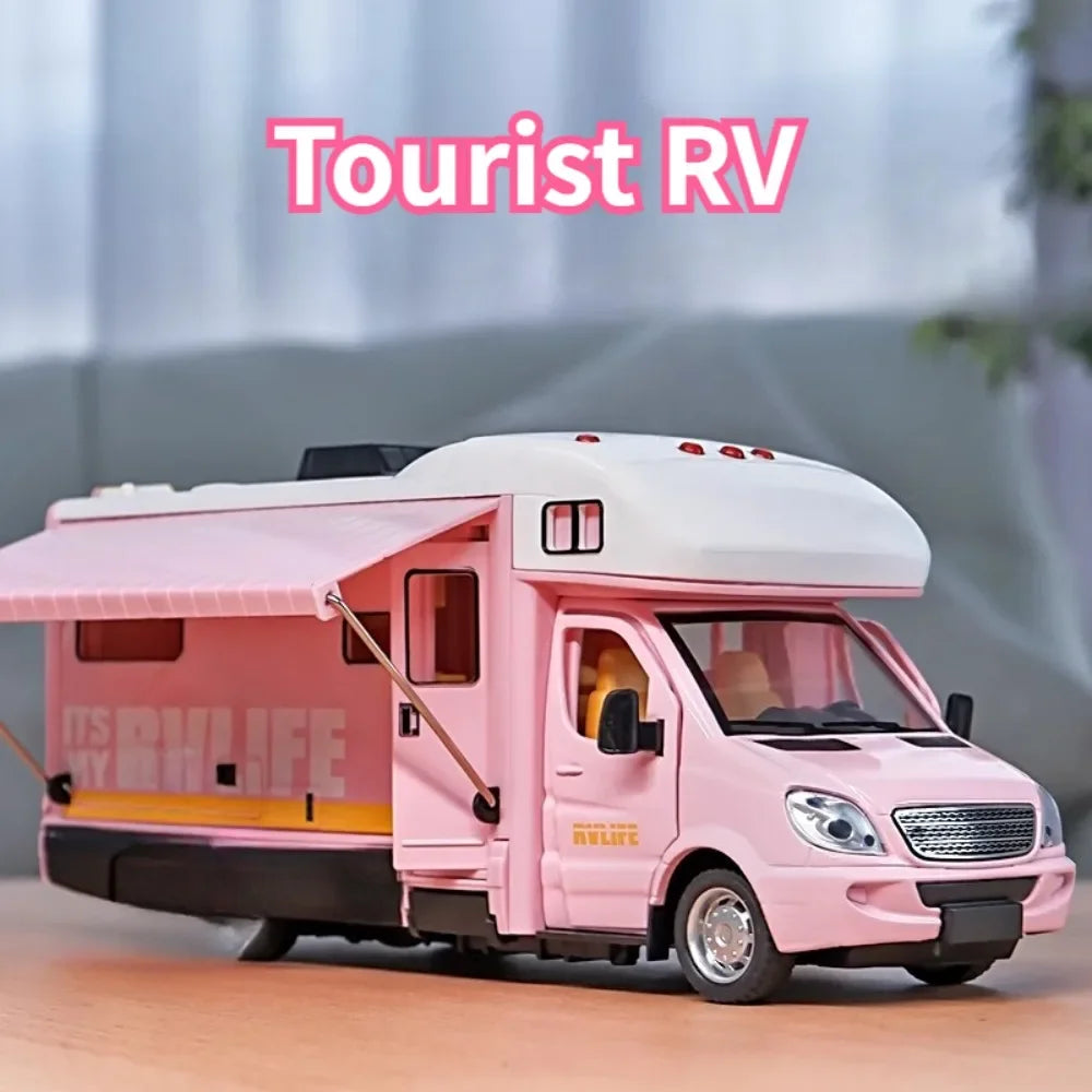 1/32 Tourist RV Model Toys Car Alloy Diecast Vehicle Doors Opened Metal Body Rubber Tire Sound Light Pull Back Toy Gift for Kids