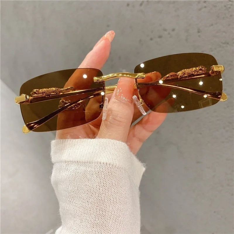 Retro Korean Sunglasses Seaside Cheetah Decorative Frameless Glasses Anti UV400 Gradient Cut Lens Elegant