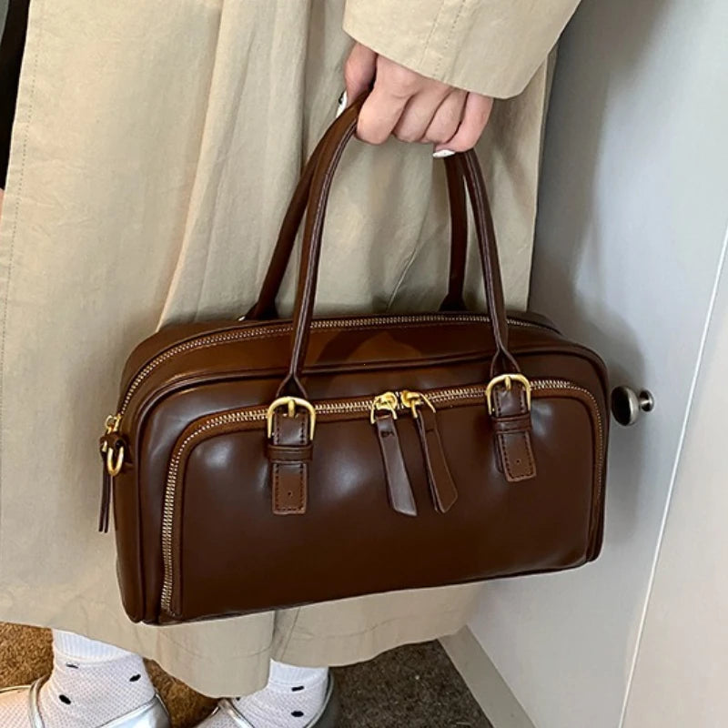 Vintage Handbags for Women Pu Leather Tote Bags 2026 Y2K Ladies Shoulder Bag Large Capacity Commute Wide Strap Crossbody Bag