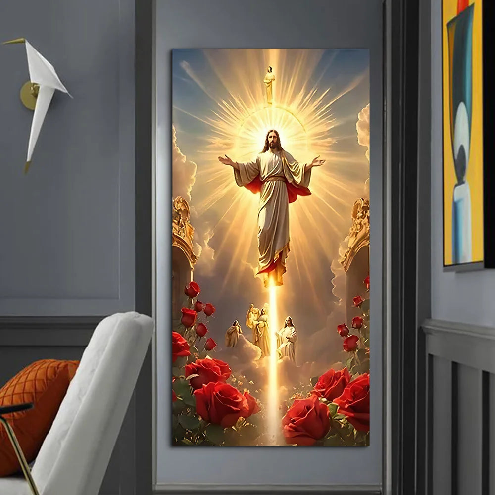 Classic Vintage Wall Art Jesus Light Ascension with Rose Scene, HD Canvas Print