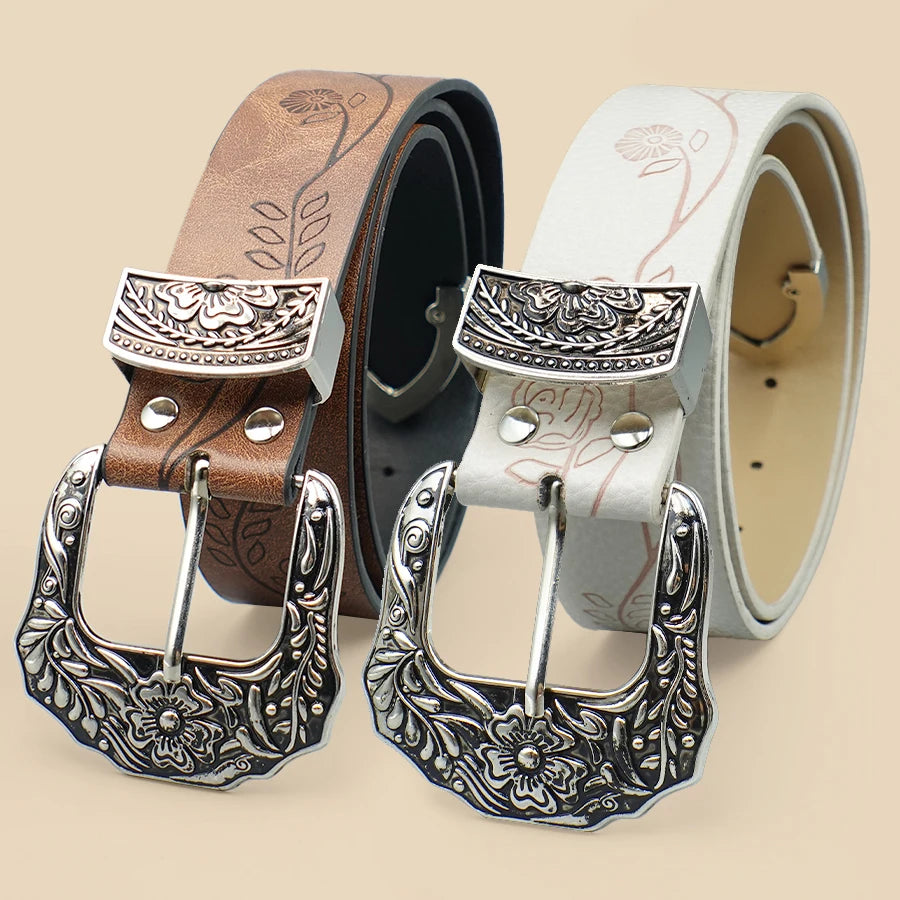 Bohemian Vintage Carved Women's Belt - Floral Print Fashion Waistband for Casual Wear, Dates & Leisure Outfits