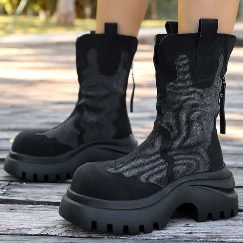 Retro Zipper Up Black Khaki Women's Boots Autumn Winter High Heel Platform Ankle Boots Woman Anti Slip Wedges Botas Mujer