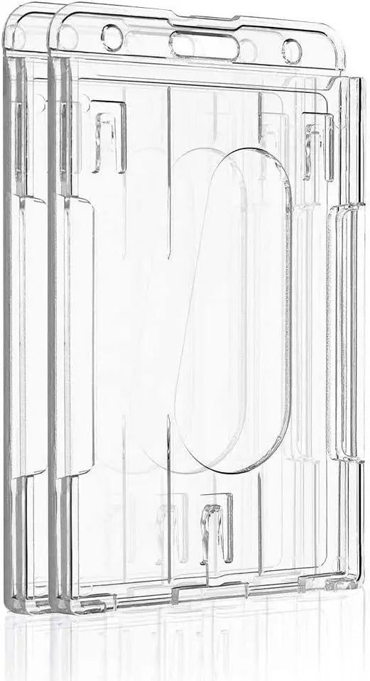 2 Pack Vertical 2-Card Rigid PC Badge Holders, Transparent ID Card Case with Thumb Slot, Easy Remove for Office School Access ID