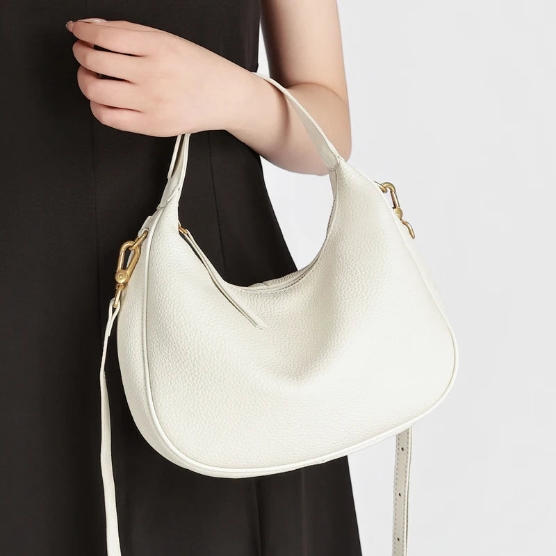Genuine Cowhide Leather Mini Hobo Shoulder Bag for Women Pebbled Leather Top Handle Crossbody Bag with Hardware Underarm Bags