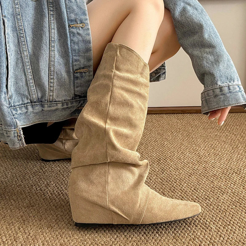 Khaki Faux Suede Mid Calf Boots for Women 2025 Fashion Pointed Toe Pleated Western Boots Woman Slip On Autumn Winter Booties