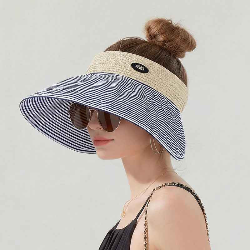 6175-New summer women's wide-brimmed hat - beach and sand grass-wovensunprotectionhat, versatile and fashionable striped top hat