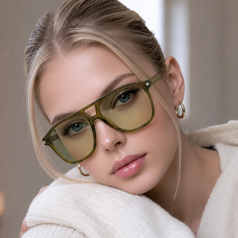 JNPCXI Ins Popular Fashion Double Bridges Pilot Sunglasses Women Retro Clear Ocean Lens Shades UV400 Men Trending Sun Glasses