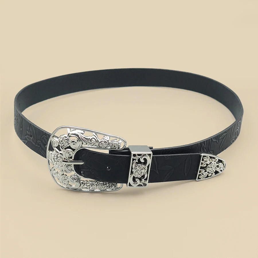 Black Retro Leaf Print Women's Belt Silver Hollow Carved Buckle Daily Commuting, Dating, Casual Accessories