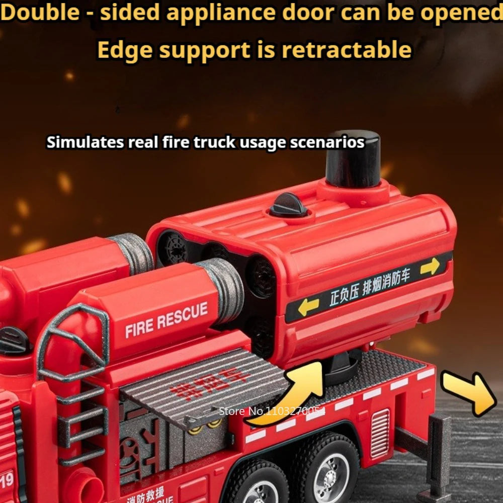 1:50 Spray Fire Truck Alloy Diecast Model Toys Car One Click Water Spray Sound Light Pull Back Removable Pipeline Cars Kids Gift