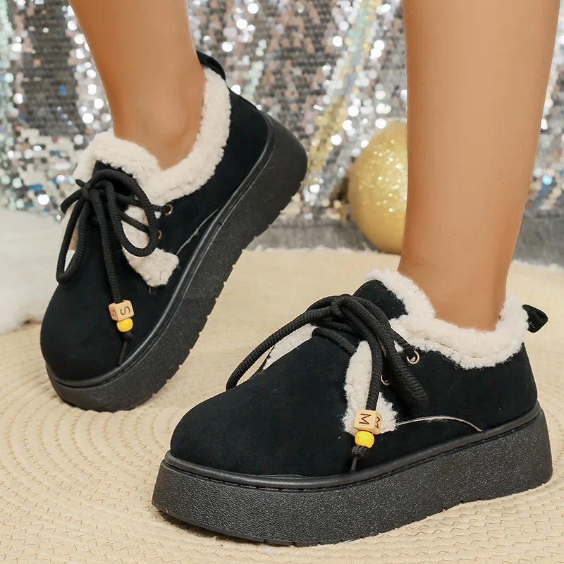 New Thick Sole Lace Up Snow Boots Women Winter Warm Thicken Plush Ankle Boots Woman Plus Size 35-42 Non Slip Casual Cotton Shoes