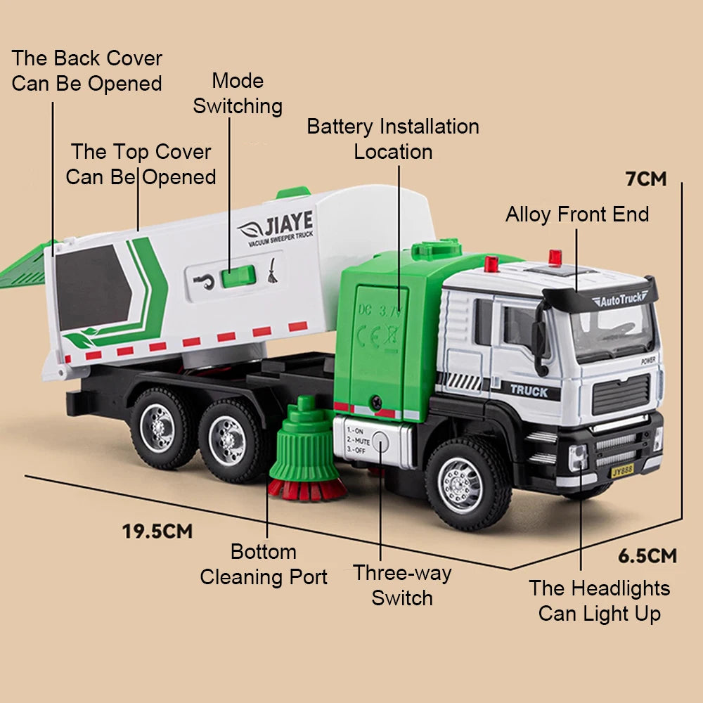 1:50 Alloy Sweeper Sanitation Truck Miniature Model Toys Car with Sound Light Wheel Sliding Engineering Vehicle Kid's Puzzle Toy