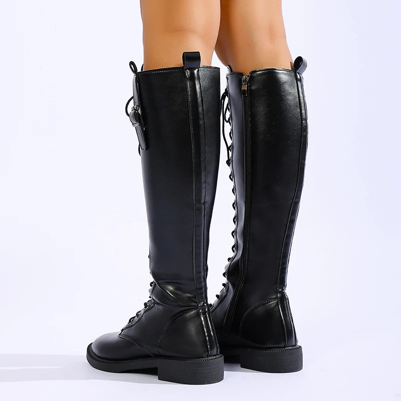Fashion Lace Up Low Heels Knee High Boots Women Plus Size 43 Side Zipper Pu Leather Long Boota Woman 2026 Goth Punl Riding Botas