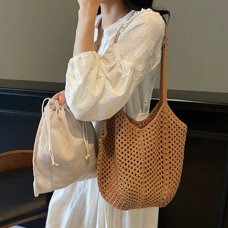 2026 Latest Summer Beach Straw Woven Tote Bag For Women 2-IN-1 Hollow-out Lightweight Large Capacity Shopper Shoulder Bag Female