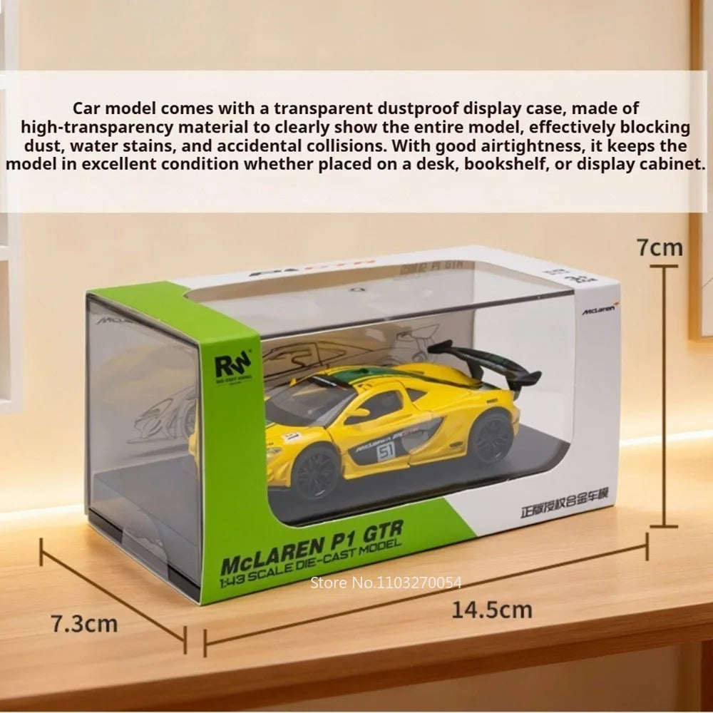 1:43 P1 GTR F1 Miniature Car Diecast Alloy Sports Model Toys with Acrylic Box Rubber Tires Metal Body Vehice Display Items Gifts