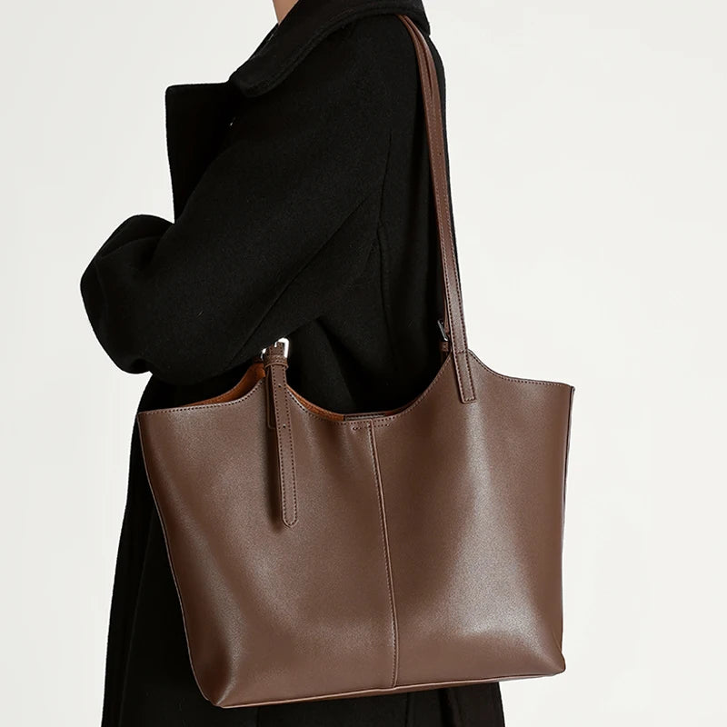 Genuine Leather Tote Bag for Women Large Capacity Cowhide Shoulder Bag Patchwork Commute Handbag Luxury Designer Bag