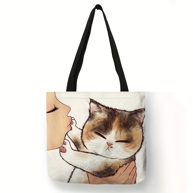 Cute Cartoon Cat Print Tote Bag, Large Shoulder Bag, Women's Casual Handbag