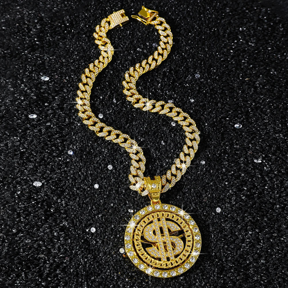 Men Hip Hop Big Rotatable US Dollar Money Sign Pendant Necklace 13mm Iced out Cuban Chain Choker Necklace Rap Rock Charm Jewelry
