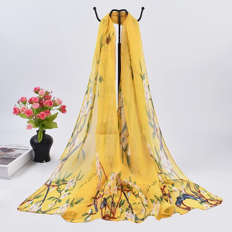 New Fresh Spring Peach Blossom Printed Chiffon Women's Long Scarves Wholesale Thin Sun Protection Women's Scarves
