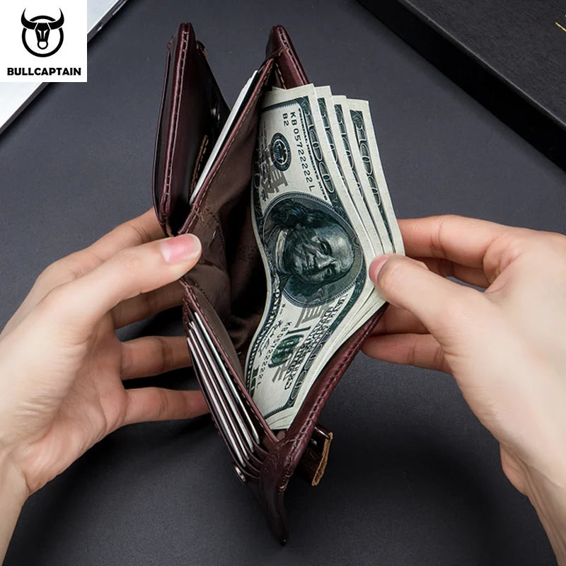 BULLCAPTAIN Short Tri-Fold Buckle Zipper Wallet Men's Cow Leather Wallet Coin Purse Money Bag Business Card Holder RFID Holder