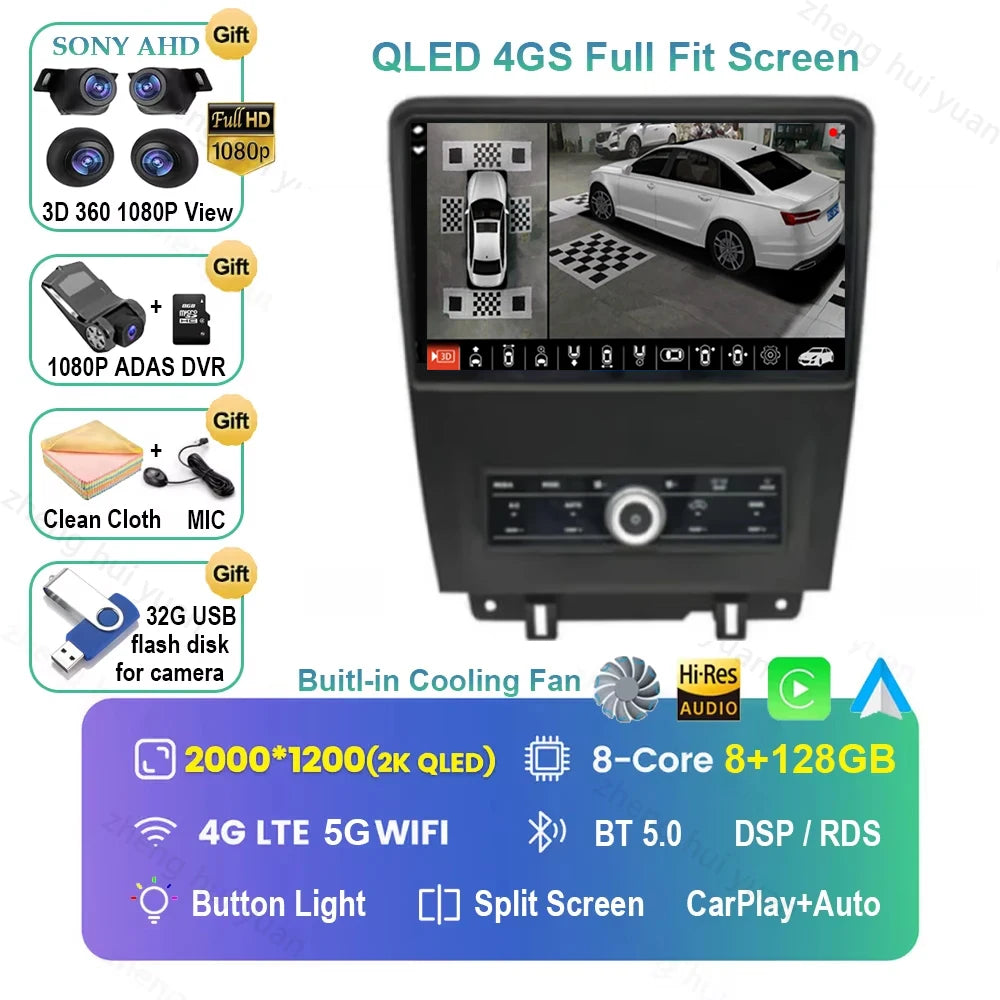 For Ford Mustang 2010 2011 2012 2013 2014 Android 16 GPS WIFI 4G Carplay&Auto Car Radio Navigation QLED Multimedia Stereo Player