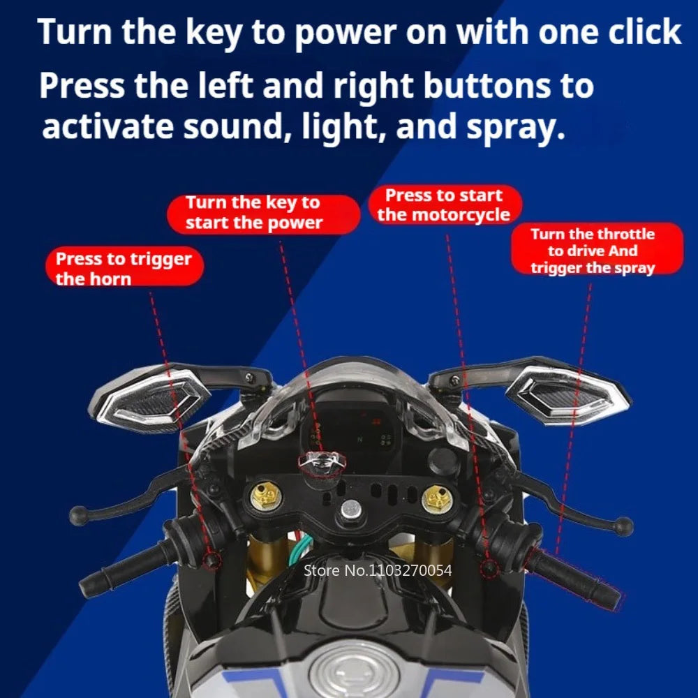 1:6 R1M Alloy Spray Motorcycle Diecast Toy Car Model with Light Wheel Damping Front Wheels Steerable Motorbike Boy Birthday Gift