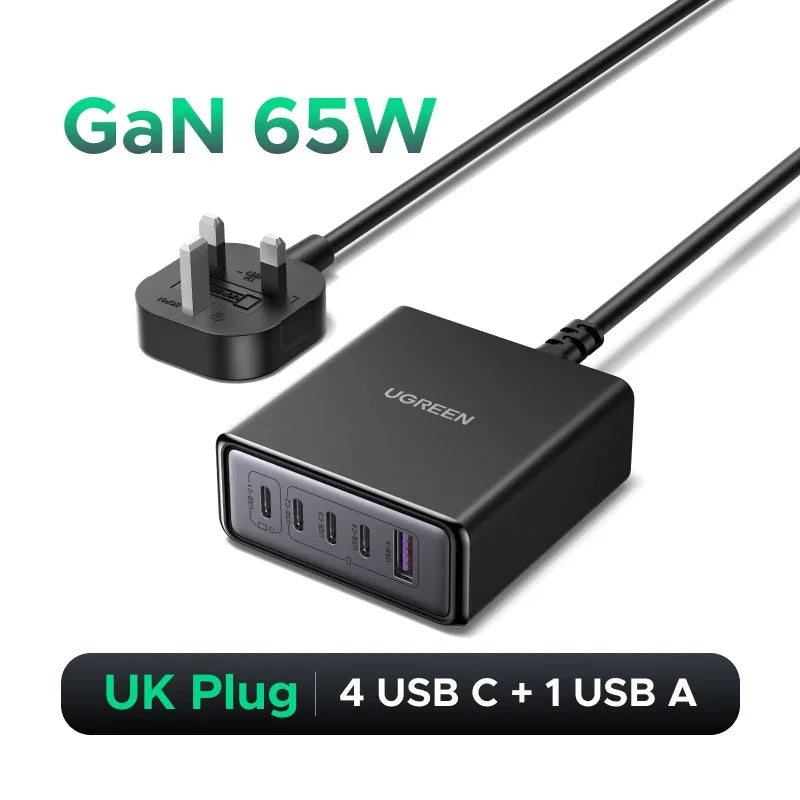 UGREEN 65W 100W GaN Charger PPS QC4.0 PD3.0 For iPhone17 16 15 Pro Xiaomi Samsung Tablet Macbook Air iPad 5 IN 1 Desktop Charger