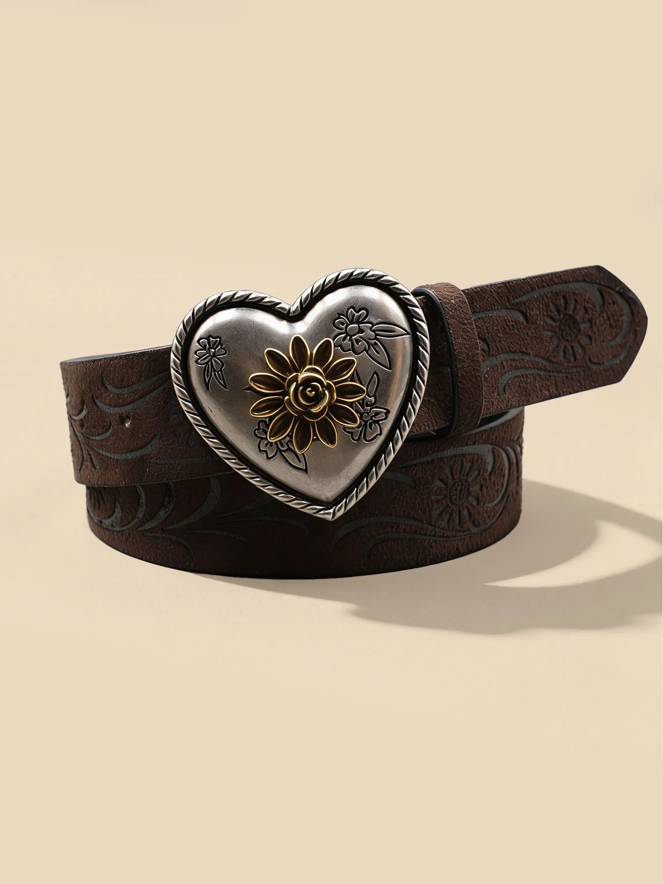 Heart Flower Metal Buckle Belt Brown Embossed Women's Retro Waistband Fashion Decorative Belt
