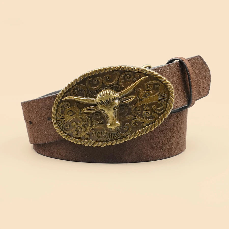 Retro Western Style Casual Belt with Antiqued Alloy Bullhead Buckle, a Versatile Accessory for Daily Commute and Dating