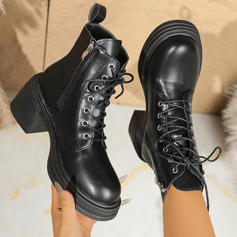 British Style High Heels Ankle Boots Women Plus Size 42 Lace Up Thick Heel Motorcycle Boots Woman Non Slip Pu Leather Botas